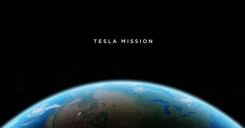Earth from space with the Great Lakes visible under the text 'Tesla Mission'