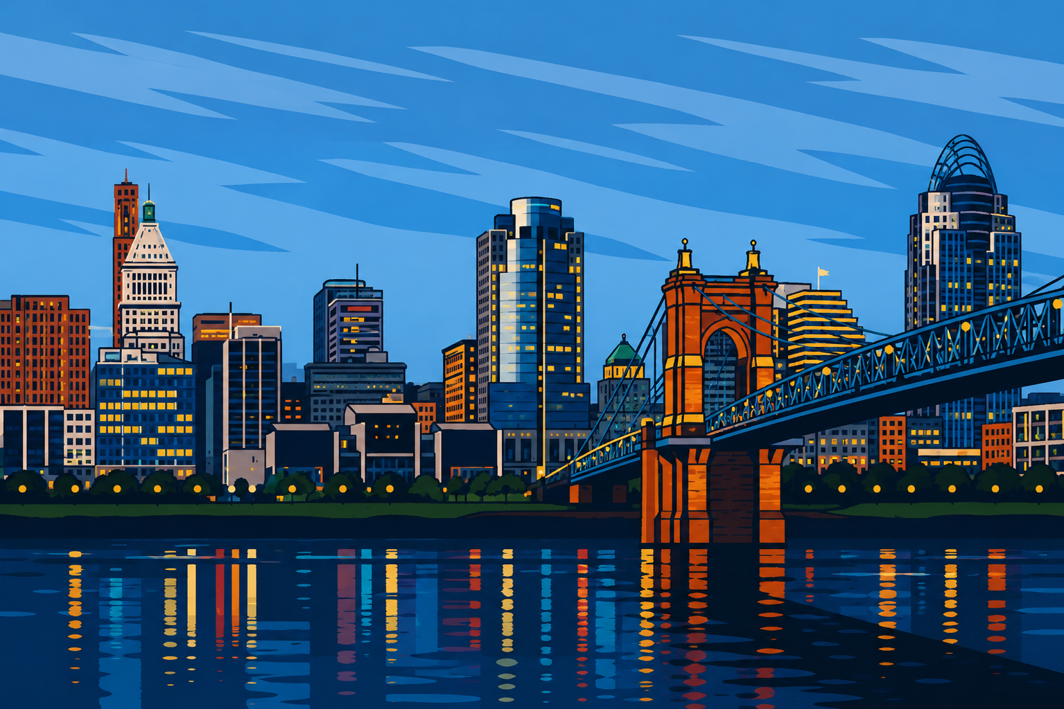 Cincinnati skyline at sunset over the Ohio River