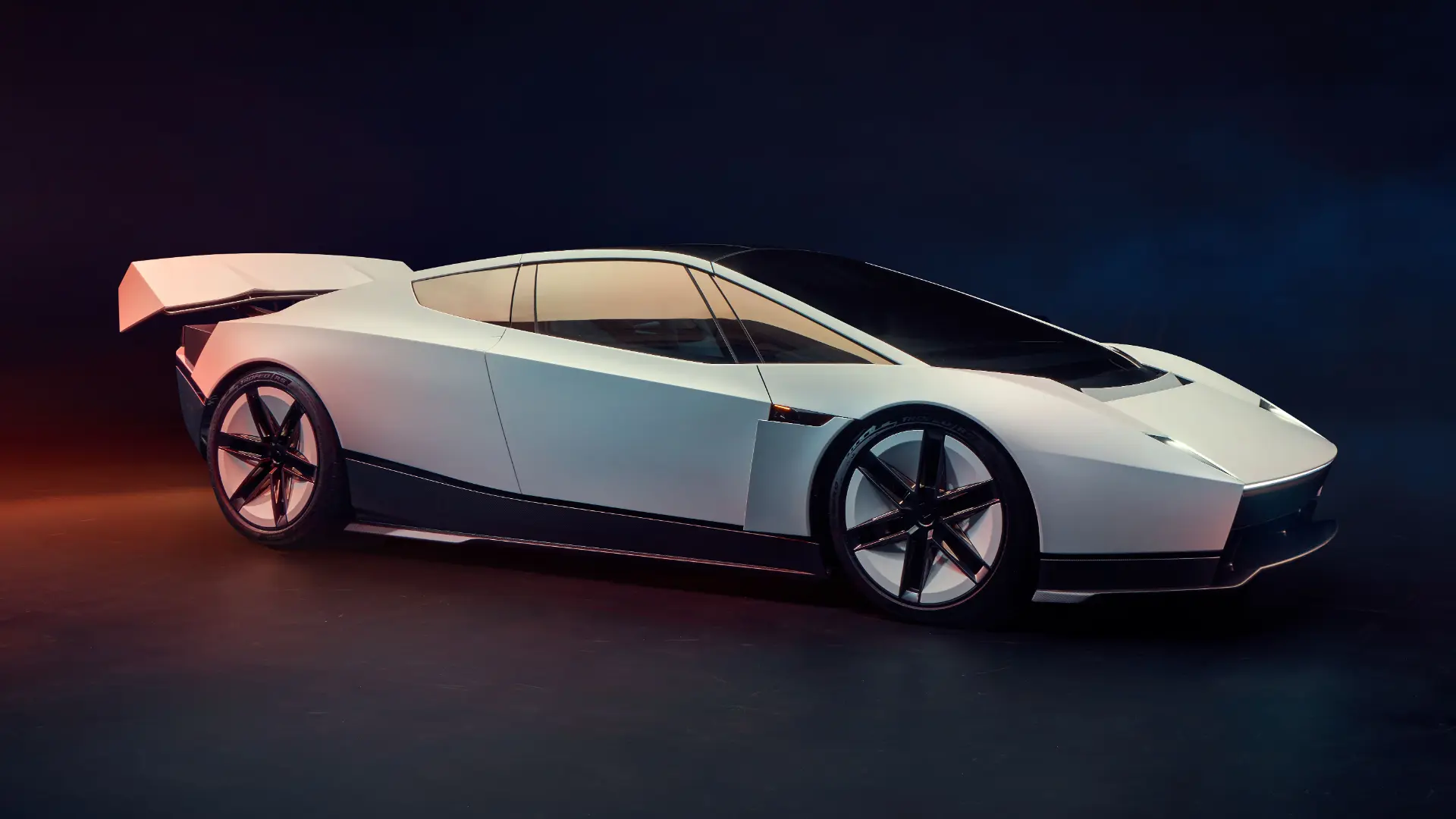 Next-generation Tesla Roadster in Ano White with gold-tinted glass and a raised rear wing, shown in a dark studio