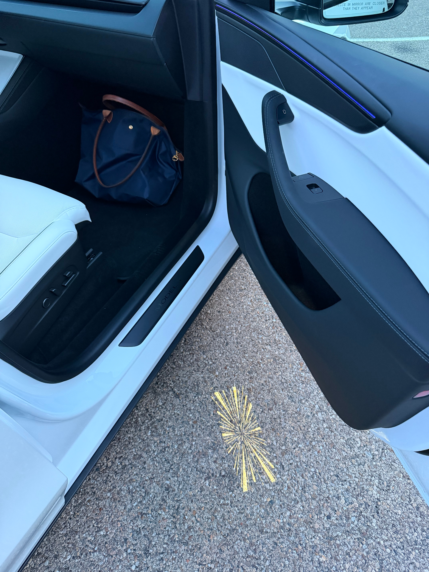 Open door of a Tesla Model Y Performance showing illuminated puddle light and ambient accent lighting