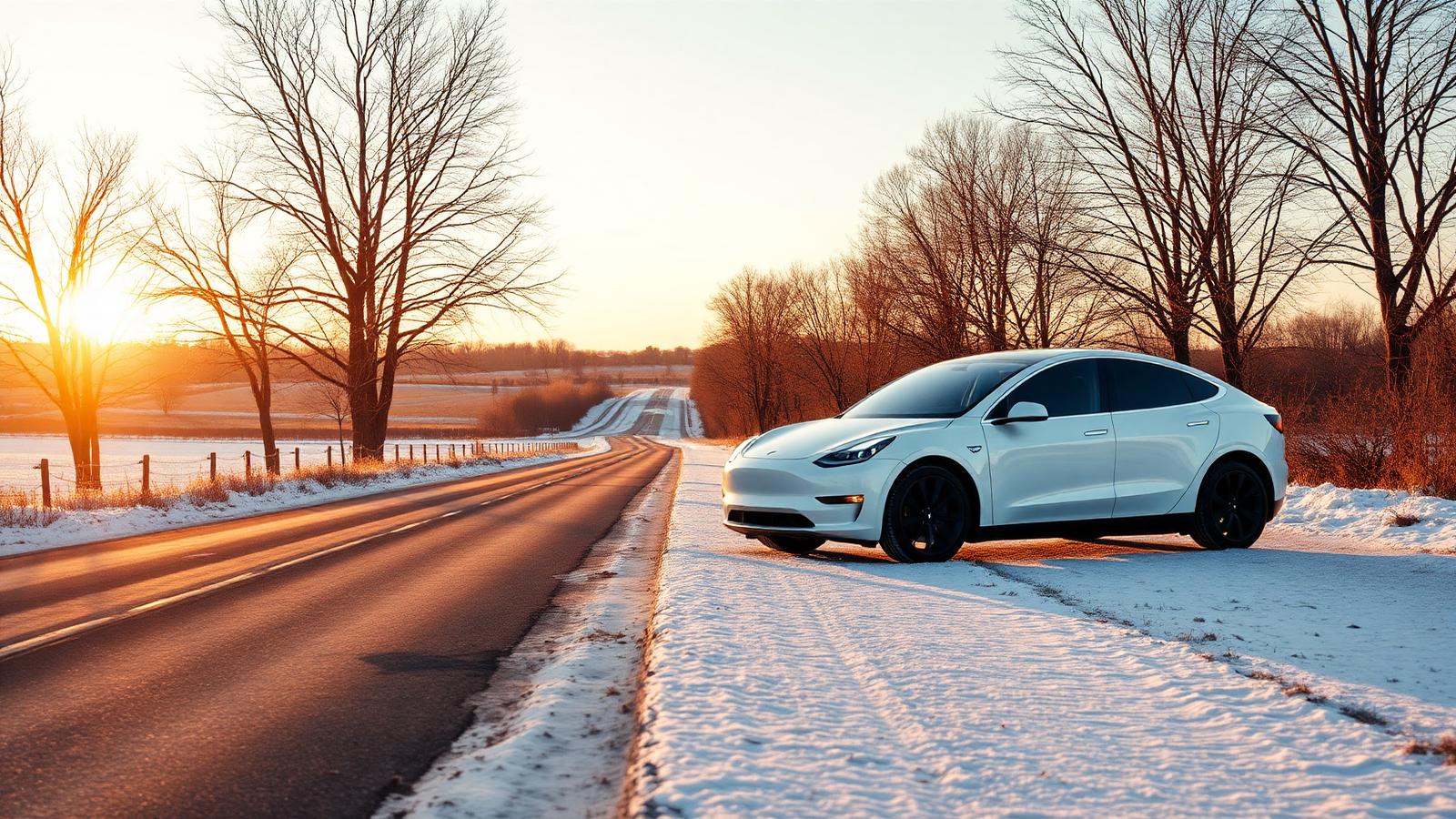 White Tesla Model Y parked on a snow-dusted rural Ohio road at golden hour with bare winter trees